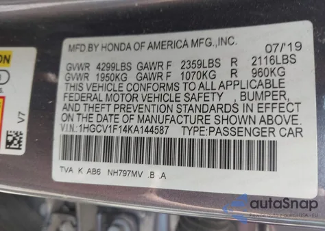 2019 Honda Accord Lx from USA, damaged, VIN 1HGCV1F14KA144587